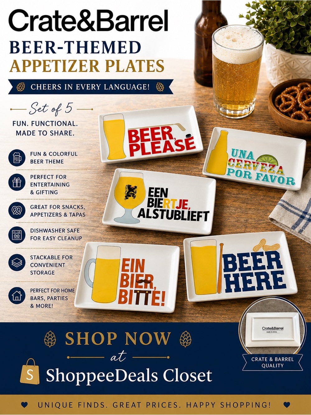 Crate & Barrel Ceramic Beer-Themed Appetizer Plates Set of 5 Bar Snack Plates